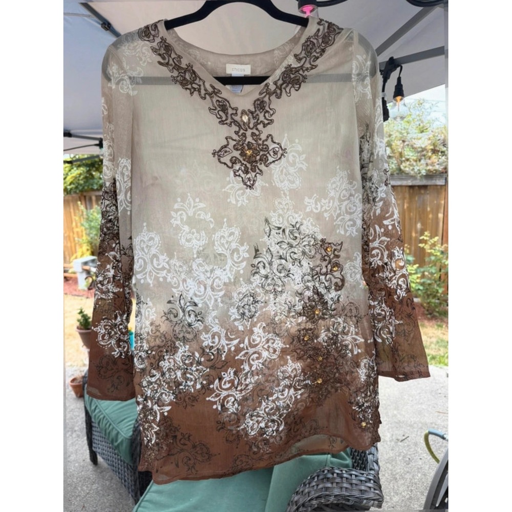 Chicos Brown Ombre Embroidered Beaded Sheer V-Neck Tunic Top Size 0 Small